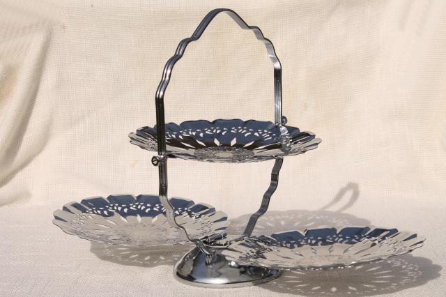 vintage pierced chrome folding tiered plates stand, for petit fours, tea cake 