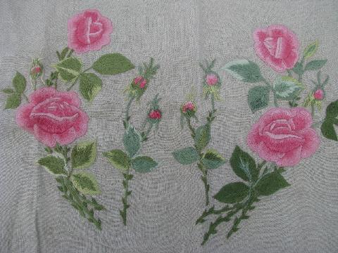 vintage pillow sham cover, embroidered pink roses on flax linen, jadite green cotton