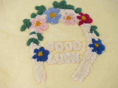vintage pillow top cover w/ Good Luck motto in looped chenille embroidery