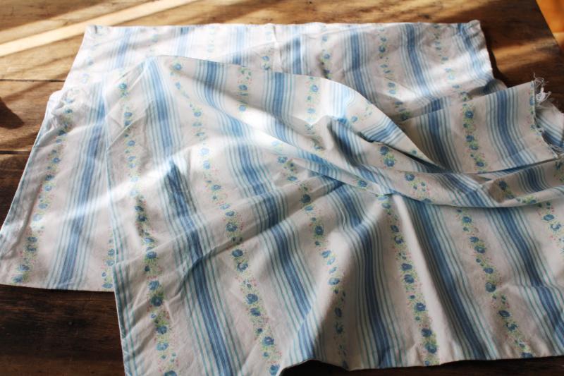 vintage pillowcases, soft washed cotton fabric w/ flowered stripe print blue  white