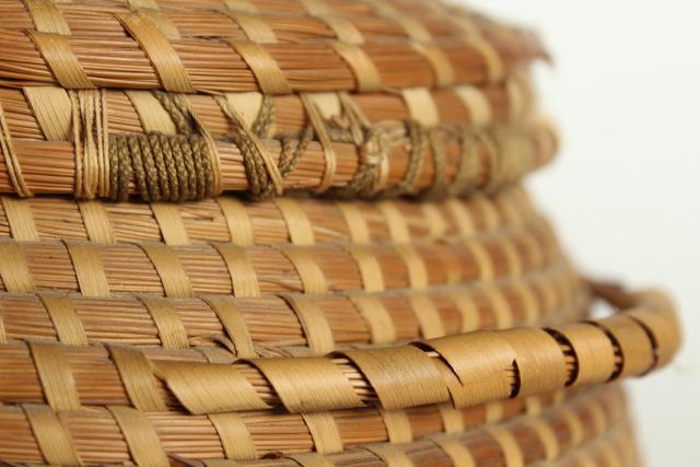 vintage pine needle basket, handmade coiled basket sewing box w/ lid