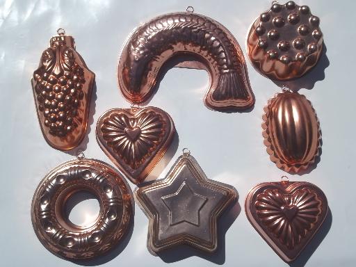 vintage pink aluminum jello molds lot, copper tint ring mold, salad molds 