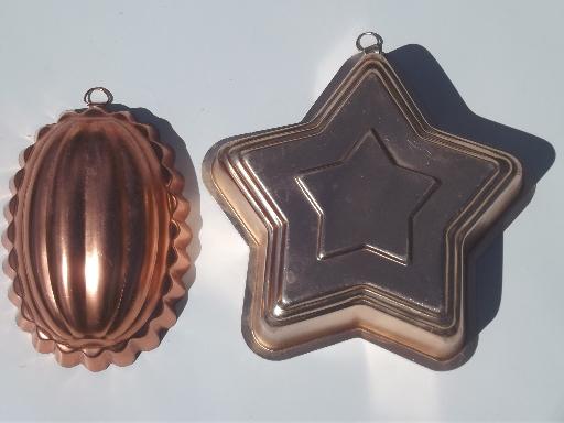 vintage pink aluminum jello molds lot, copper tint ring mold, salad molds 