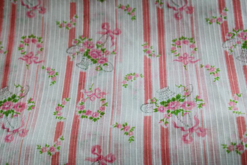 vintage pink & white flower baskets print cotton dimity, sheer crisp fabric
