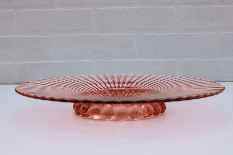 vintage pink depression glass cake stand, Anchor Hocking bubble pattern fluted ribbed plate