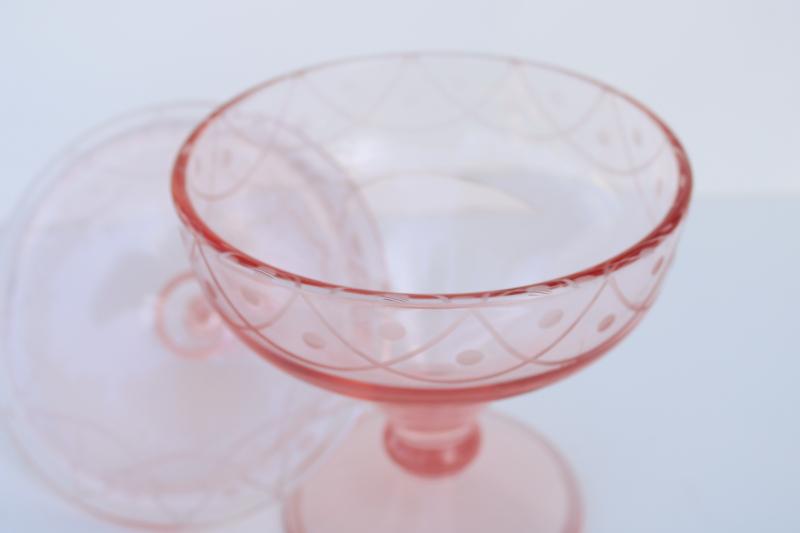 vintage pink depression glass candy dish w/ lid, wheel cut etch swag & dots