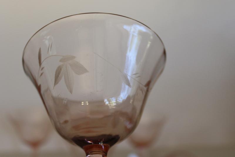 vintage pink depression glass cocktail glasses, panel optic w/ wheel cut pattern