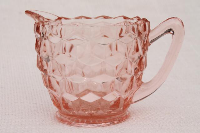 vintage pink depression glass cream & sugar set, Jeannette cubist cube pattern 
