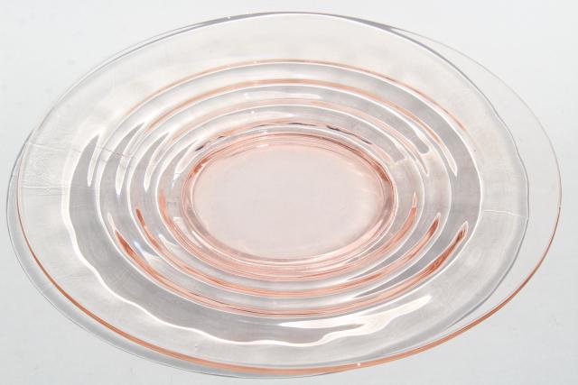 vintage pink depression glass dinner plates, stacked ring block optic pattern glass