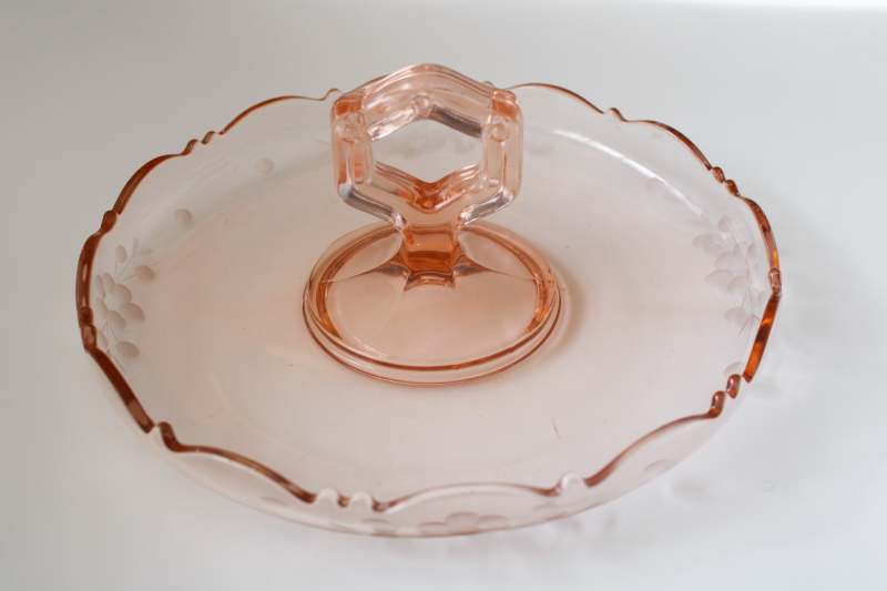 vintage pink depression glass dish w/ center handle, serving tray, small plate for candy