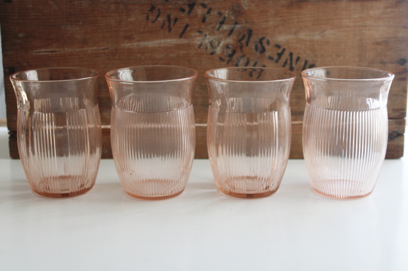 vintage pink depression glass drinking glasses, 1930s Hazel Atlas table tumblers ribbed pattern