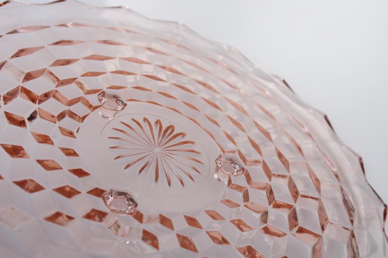 vintage pink depression glass footed cake tray or plate, Jeannette cube cubist pattern