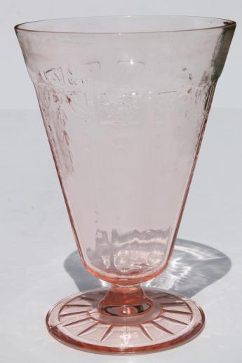 vintage pink depression glass footed tumblers, mismatched pattern glass flower vases