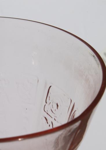 vintage pink depression glass footed tumblers, mismatched pattern glass flower vases