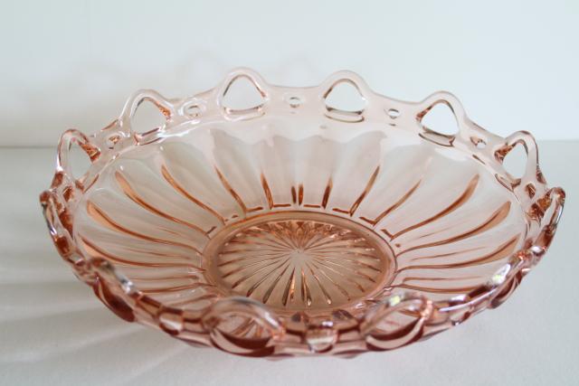vintage pink depression glass, large bowl open lace laced edge crocheted crystal