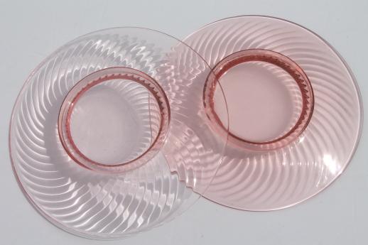 vintage pink depression glass luncheon plates set, Anchor Hocking spiral swirl