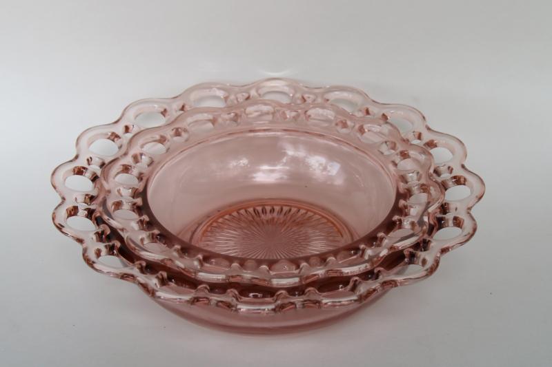 vintage pink depression glass, open lace edge bowls Anchor Hocking Old Colony pattern