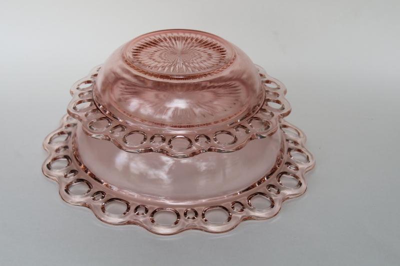 vintage pink depression glass, open lace edge bowls Anchor Hocking Old Colony pattern