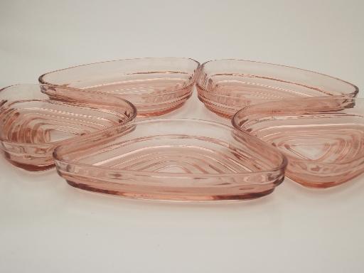 vintage pink depression  glass relish dishes, Manhattan Anchor Hocking