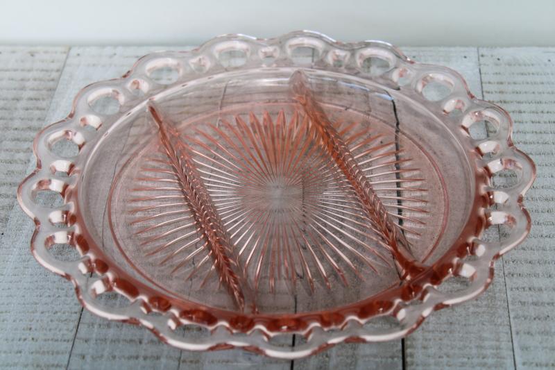 vintage pink depression glass serving tray, lace edge divided relish plate