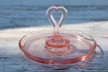 vintage pink depression glass, small tray or bonbon w/ heart shape center handle, trinket dish