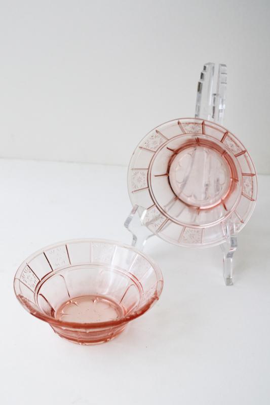 vintage pink depression glass, tiny fruit / dessert bowls, doric & pansy pattern
