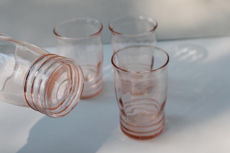 vintage pink depression glass tumblers, Macbeth Evans rib panel optic banded ring pattern