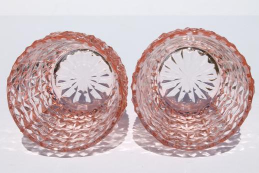 vintage pink depression glass tumblers, buttons & bows Holiday drinking glasses