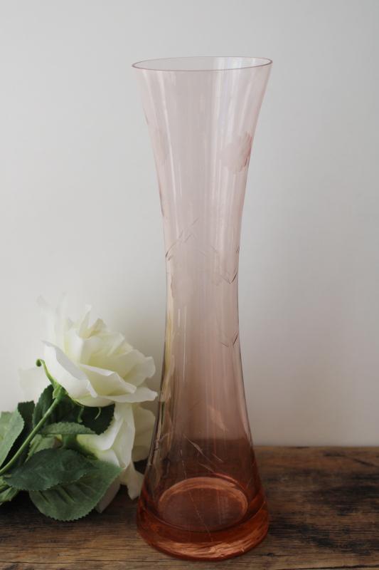 Vintage Pink Depression Glass Vase W Etched Flowers Art Deco Bartlett