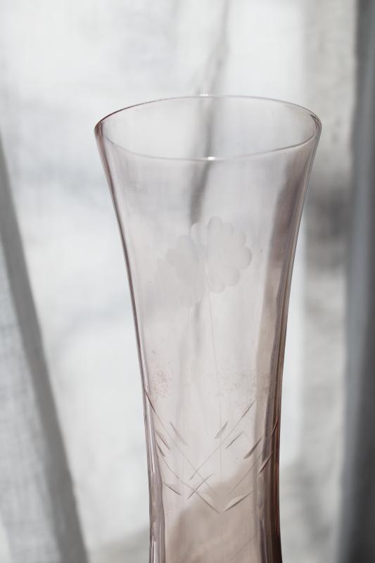 vintage pink depression glass vase w/ etched flowers, art deco Bartlett Collins