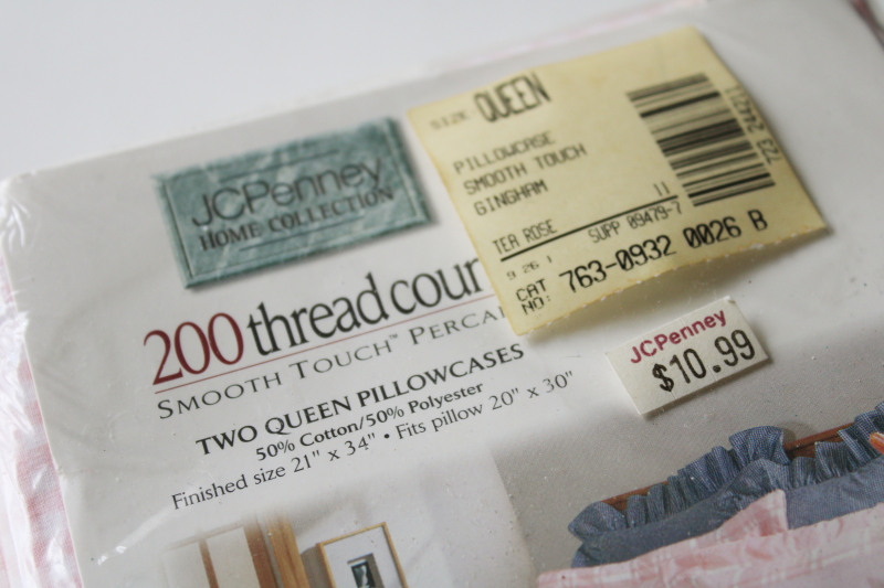 vintage pink gingham ruffled pillowcases pair, crisp cotton blend