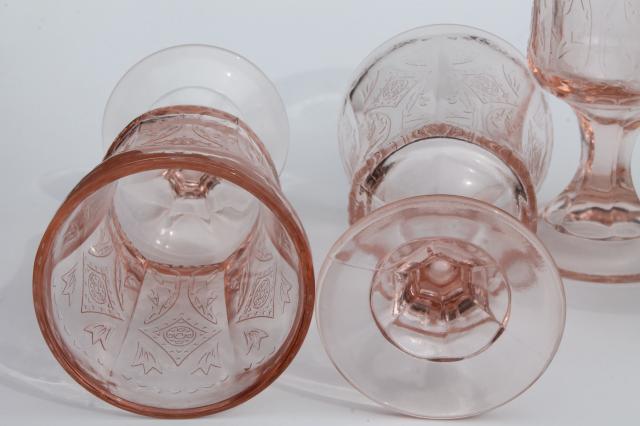 vintage pink glass water glasses, Recollection reproduction depression glass goblets