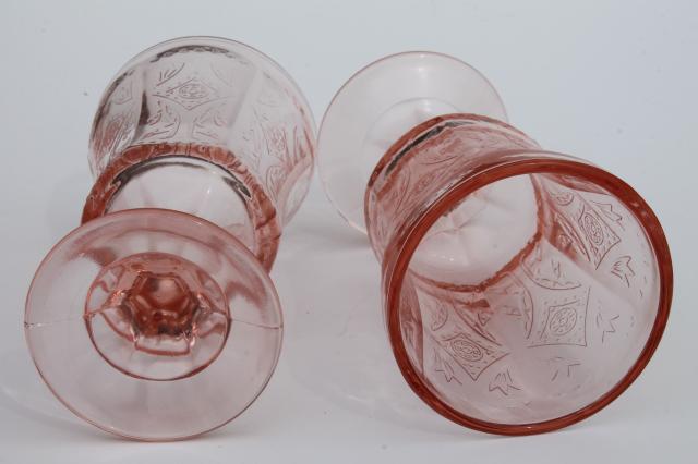 vintage pink glass water glasses, Recollection reproduction depression glass goblets 