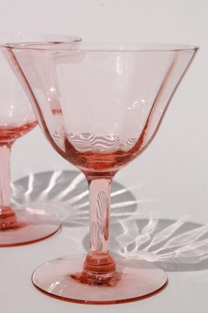 vintage pink glass wine glasses, optic pattern depression glass stemware