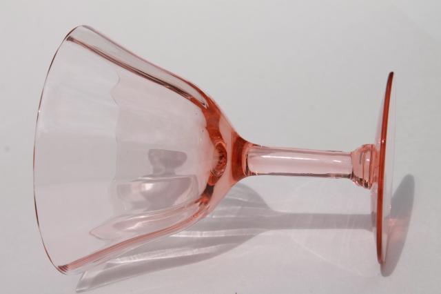 vintage pink glass wine glasses, optic pattern depression glass stemware