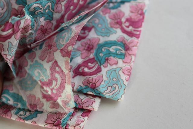 vintage pink, mint, teal paisley print fabric, fine soft light cotton batiste