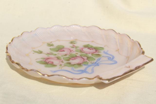 vintage pink opalescent glass sea shell w/ hand painted flowers