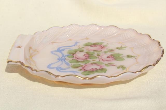 vintage pink opalescent glass sea shell w/ hand painted flowers
