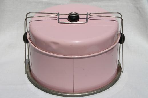 vintage pink painted metal cake saver cover, cake & pie keeper & potluck carrier
