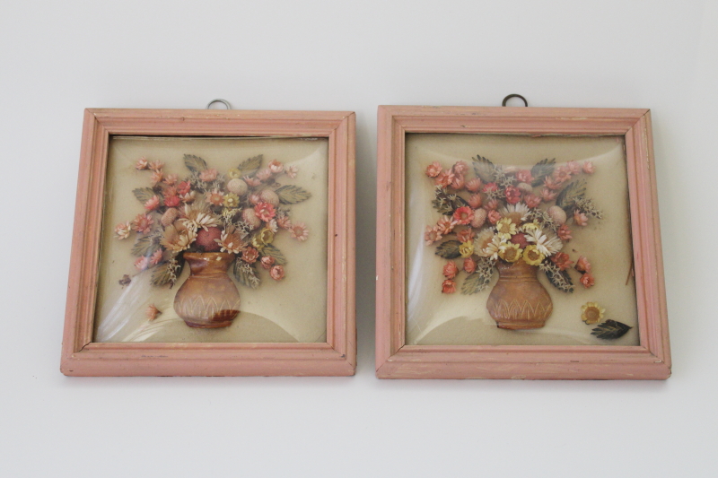 vintage pink painted wood frames w/ square domed bubble convex glass, miniature floral arrangements