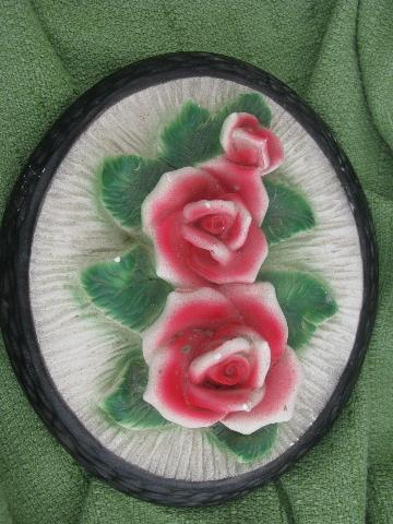vintage pink roses chalkware wall art plaques, pair 'prints' in frames