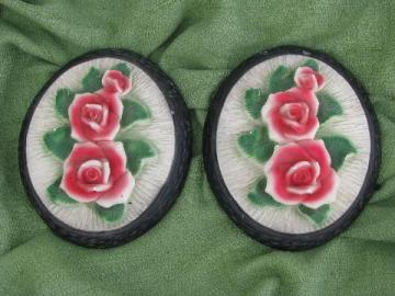 vintage pink roses chalkware wall art plaques, pair 'prints' in frames