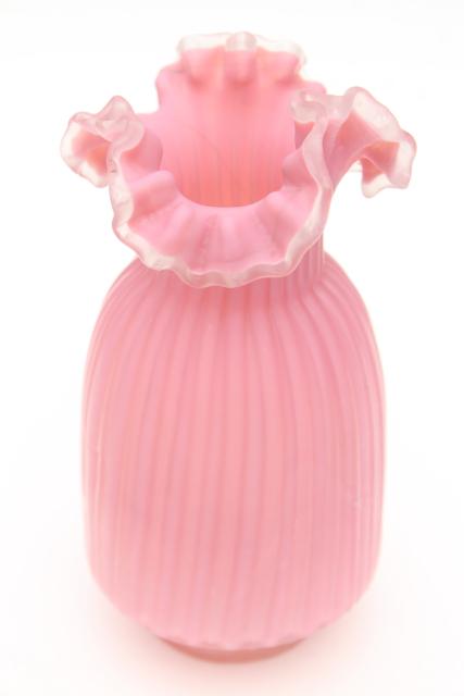 vintage pink satin frosted glass vase, Victorian art glass or Fenton reproduction?