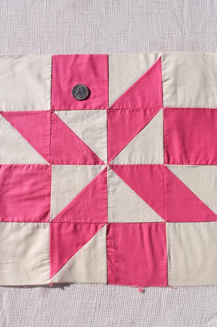 vintage pink & white cotton patchwork quilt blocks, 30 hand stitched pinwheel squares