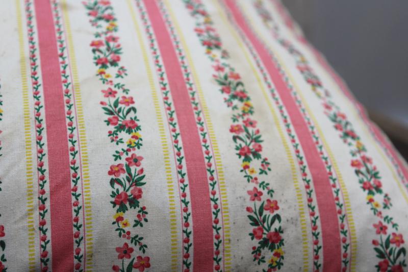 vintage pink & white print floral striped cotton ticking pillow w/ original label