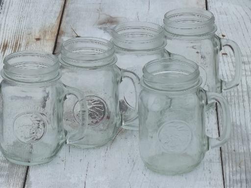 vintage pint canning jar mugs, Golden Harvest jelly glasses w/ handles