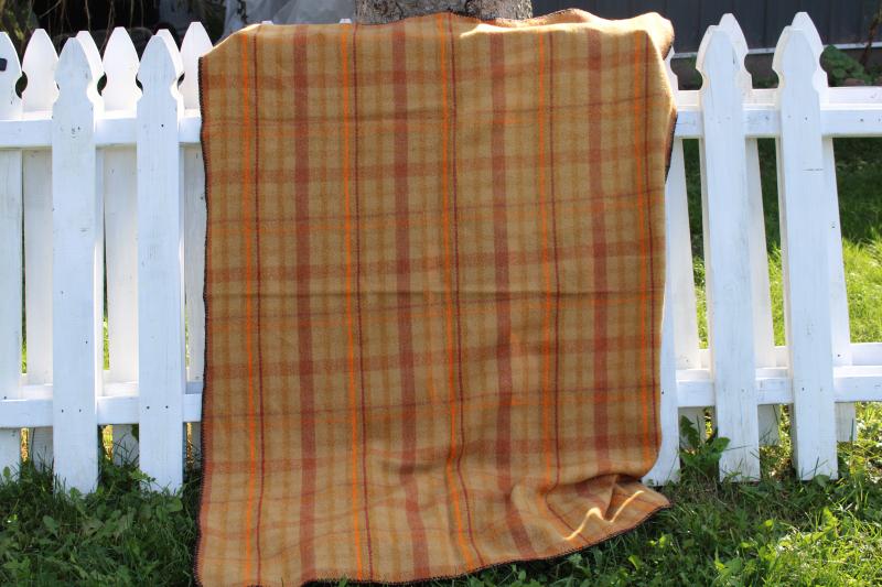 vintage plaid camp blanket in curry gold colors, soft thick plush acrylic Mexican blanket