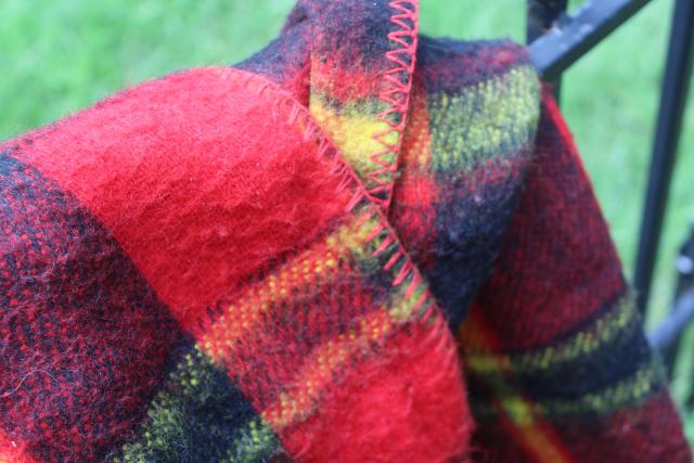 vintage plaid camp blanket throw, red black tartan woven acrylic, softer than wool