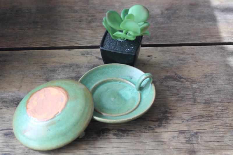 vintage plainsman green matte glaze red clay pottery candle holders or planter dishes