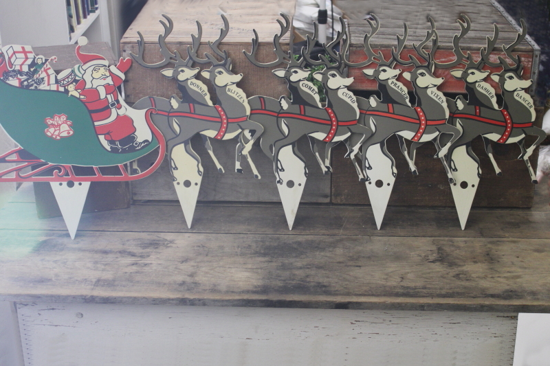 vintage plastic Santa  reindeer lawn ornament Christmas decoration, flat die cut style